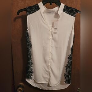 New York & Company White Blouse with Black Lace Accents
